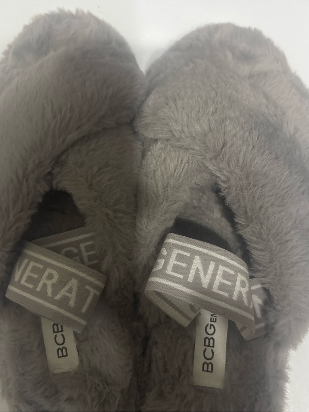 BCBGeneration Plush Gray Faux Fur Slide Slippers with Branded Strap